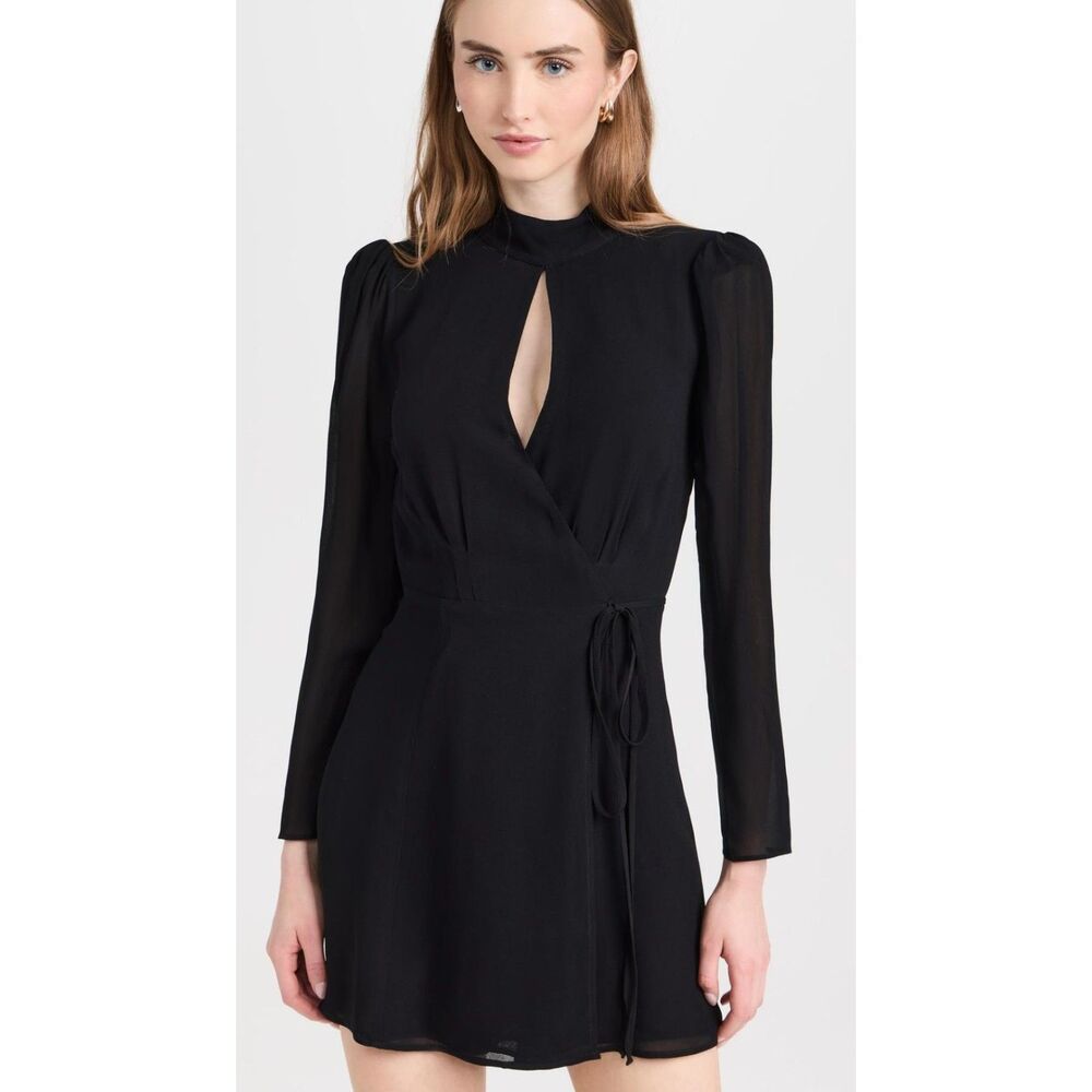Reformation Black Ottessa Cutout Wrap Mini Dress Long Sleeve Mock Neck L NWT